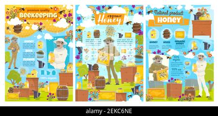 Manifesti di produzione di alimenti per l'apiario dell'apiary dell'apiary dell'apiary dell'apiary dell'apeeping con elementi infografici. Apicoltore vettore con fumatore che raccoglie miele in nido d'ape Illustrazione Vettoriale
