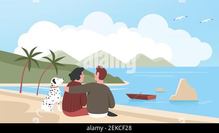 Uomo e donna coppia passare il tempo con animale domestico sulla spiaggia di mare insieme, rilassarsi con il proprio cane fuori, amorando animali domestici illustrazione vettoriale Illustrazione Vettoriale