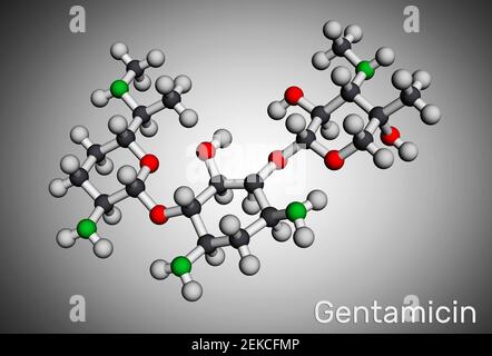 Molecola di gentamicina. È un antibiotico aminoglicosidico ad ampio spettro. Modello molecolare. Rendering 3D. Illustrazione 3D Foto Stock