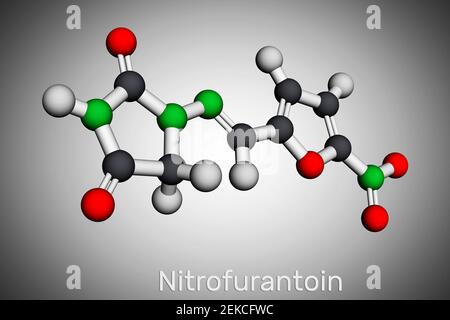 Molecola di nitrofurantoina. È un antibiotico nitrofurano usato per trattare le infezioni del tratto urinario. Modello molecolare. Rendering 3D. Illustrazione 3D Foto Stock
