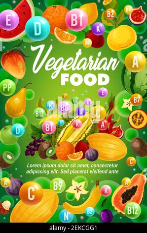 Vegetariana cibo vitamine disegno vettoriale con frutti esotici e bacche tropicali. Benefici per la salute di arancia, banana, papaia e mela, fico, mango e gr Illustrazione Vettoriale