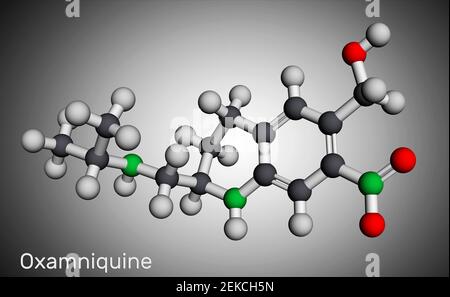 Molecola di Oxamniquina. È membro delle chinoline, antelmintiche con attività schistosomicida contro Schistosoma mansoni, usate per trattare le schistosomi Foto Stock