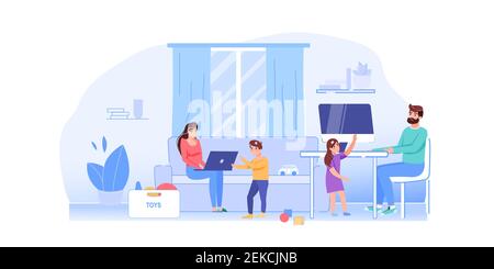 Cartoon piatto famiglia caratteri vita scena, situazione di quarantena, concetto di illustrazione vettoriale Illustrazione Vettoriale