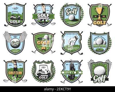 Golf sport club scudo distintivi di giocatori di golfisti vettore sul campo con palle, mazze e tee, coppe vincitore trofeo, golf cart e buche, cappello uniforme e g Illustrazione Vettoriale