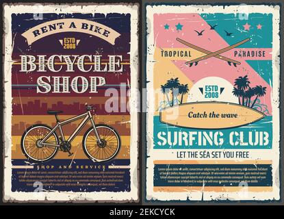 Surf club e negozio di biciclette poster retrò di attività all'aperto,  viaggi, sport, turismo e design per il tempo libero. Spiaggia tropicale  onde, surf e bi Immagine e Vettoriale - Alamy