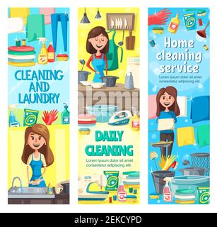 Servizio di pulizia della casa e disegno vettoriale di lavori domestici di pulizia, lavanderia, cucina e piatti di lavaggio. Casalinga, pulitore professionale o cameriera facendo hou Illustrazione Vettoriale