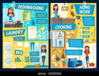 Servizio di pulizia della casa e delle case poster vettoriali di lavanderia, cucina e piatti di lavaggio, pulizia delle finestre e aspirazione. Donne fumetti con vuoto, Illustrazione Vettoriale