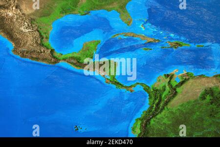 Mappa fisica dell'America Centrale e dei Caraibi. Vista in piano del pianeta Terra e delle sue forme - elementi arredati dalla NASA Foto Stock