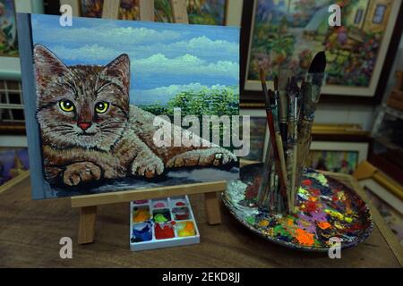 Pittura di arte moderna disegnata a mano colore ad olio grazioso Cat Palette , pennello dalla galleria in Thailandia Foto Stock