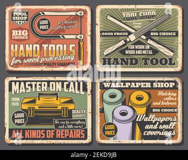Attrezzi manuali di riparazione di casa, costruzione, carpenteria e pannelli di segnalazione di metallo arrugginito di disegno interno. Toolbox vettoriale con file Raspa, rotoli per carta da parati e dima Illustrazione Vettoriale