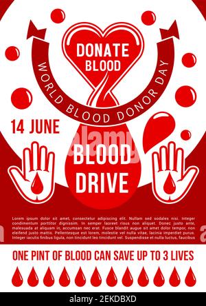 Poster del giorno del donatore mondiale di sangue per la donazione di sangue. Disegno vettoriale di cuore, goccia di sangue e mano d'aiuto per il 14 giugno evento di carità sociale e volu medico Illustrazione Vettoriale