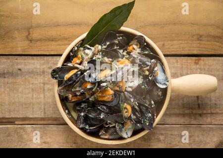 Cozze scozzesi coltivate a corda acquistate da un supermercato Waitrose che sono state cotte e aromatizzate con burro, pepe, crema, foglie di bayleaves, timo, cipolla Foto Stock