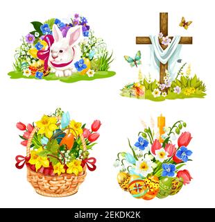 Simboli di Pasqua per i biglietti d'auguri natalizi. Cartoni animati vettoriali icone di uova pasquali, croce crocifissione Cristo e coniglietto con fiori in wicke Illustrazione Vettoriale