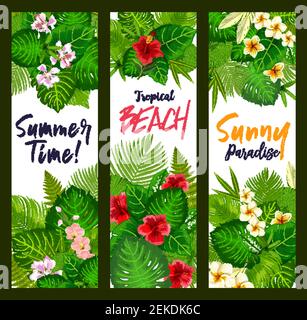 Foglie tropicali e striscioni di fiori. Foglie di palma verdi, hibiscus hawaiano e fiori di plumeria. Vacanza estiva e viaggio esotico design. Festa in spiaggia Illustrazione Vettoriale