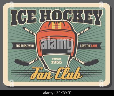 Hockey su ghiaccio attrezzature sportive disegno vettoriale. I giocatori della squadra sportiva si levano e il poster retrò del casco goalie, la promozione del club sportivo, la competizione sportiva o la cha Illustrazione Vettoriale