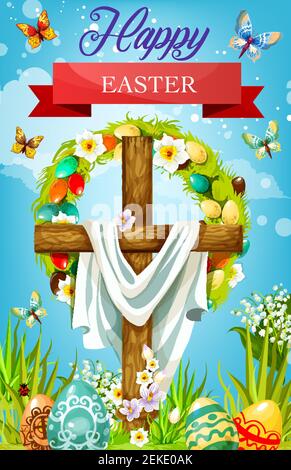 Croce di Pasqua con copertura, corona floreale di uova e fiore primavera biglietto d'auguri vettore. Religione cristiana crocifisso in legno con uova dipinte, g verde Illustrazione Vettoriale