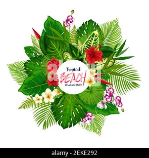 Poster tropicale sulla spiaggia con cornice di foglie di palma e fiori hawaiani. Mostera verde, banana albero e felce, ibisco, plumeria e orchidee fiori roun Illustrazione Vettoriale