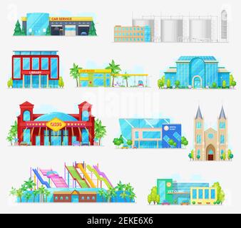 Edifici urbani, industriali, case e architettura comunale. Vettore icone isolate di autolavaggio e garage di servizio, fabbrica e acquapark, veterinario Illustrazione Vettoriale