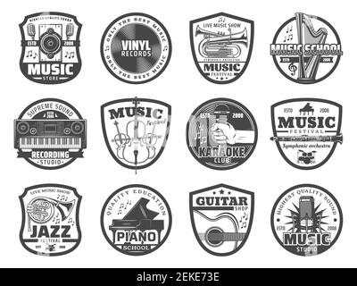 Strumenti musicali e attrezzature badge di negozio di musica e studio di registrazione del suono vettoriale design. Chitarra, pianoforte e microfono, dischi in vinile, tromba A. Illustrazione Vettoriale