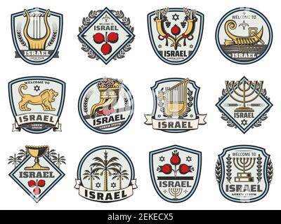 Israele viaggi e badge di benvenuto, tradizionali simboli araldici ebraici. Vettore Giudaismo religione icone di Hanukkah Menorah, David star e Shofar cornuc Illustrazione Vettoriale