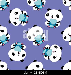 Carino vettore Kawaii panda senza cuciture motivo sfondo. Gli orsi dei cartoni animati che tengono gli zaini blu e le borse da scuola sullo sfondo viola. Personaggio divertente Illustrazione Vettoriale