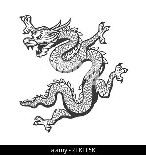 Drago volante cinese, Capodanno cinese e antico mostro animale simbolo tradizionale. Drago vettoriale con pattern di scale, arte asiatica e segno zodiacale, Jap Illustrazione Vettoriale