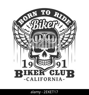 Badge biker club di cranio in occhiali motociclisti e casco con ali. Icona retrò vettoriale dei motociclisti per t-shirt o emblema del tatuaggio, grunge skele Illustrazione Vettoriale