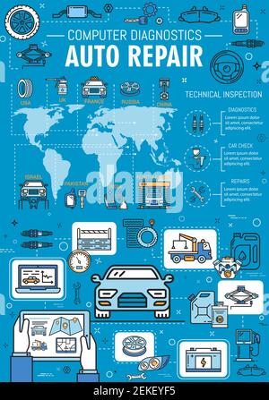 Servizio auto, computer diagnostica e auto riparazione meccanico stazione garage. Autolavaggio vettoriale, servizio di traino e pompaggio degli pneumatici o sostituzione dell'olio motore del veicolo Illustrazione Vettoriale