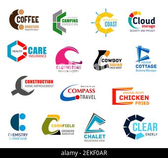 Icone aziendali C della lettera di identità aziendale. Bevande e attività ricreative, viaggi e tecnologia, salute, moda e occidentale, edilizia, cibo e scienza, Illustrazione Vettoriale