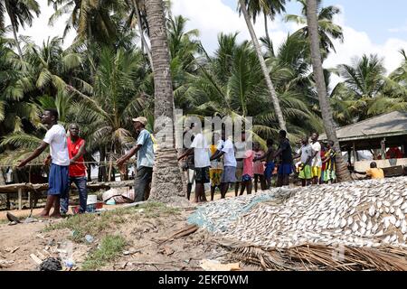 Gli abitanti del villaggio che condividono i pesci dalla rete di pesca della spiaggia Cape Coast Ghana. Vecchie reti da pesca fatte a mano tirate fuori di mare surf da gente del villaggio locale. Povertà. Foto Stock