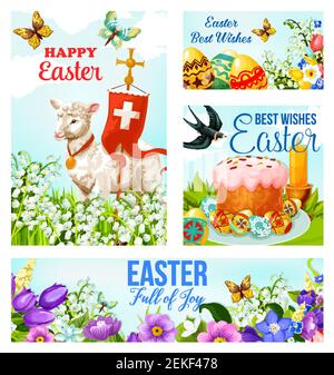 Auguri di buona Pasqua e striscioni con uova di pasquale e agnello con bandiera crocifisso. Poster vettoriale dei fiori di Pasqua, uccelli swallow e. Illustrazione Vettoriale