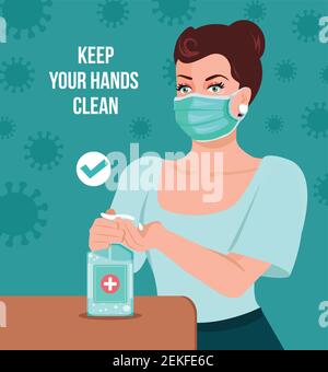 Mantenere le mani pulite. Donna che disinfetta le mani indossando una maschera. Utilizzo di gel antisettico per pulire le mani e prevenire i germi illustrazione vettoriale Illustrazione Vettoriale