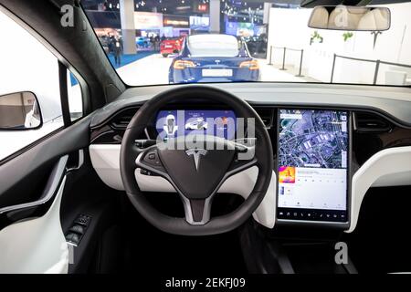 Vista interna dell'auto elettrica di lusso Tesla Model X presentata al 97th Brussels Motor Show 2019 Autosalon. Belgio - 18 gennaio 2019 Foto Stock