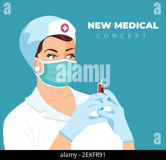 Medico femminile che contiene una siringa con un'illustrazione del vettore di iniezione. Prevenzione della malattia da virus. Infermiere che effettua la vaccinazione COVID-19. Illustrazione Vettoriale