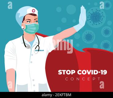 Supereroe Dottore Femminile lotta contro il vettore di illustrazione del virus. Medico indossando maschera, capo supereroe durante l'epidemia di coronavirus. Arrestare COVID-19. Me Illustrazione Vettoriale
