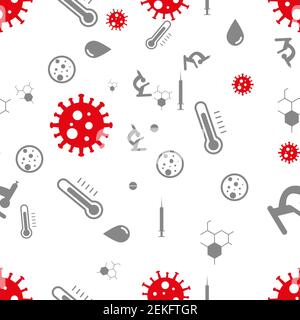Schema vettoriale senza giunture sul tema del covid-19 simboli e segni del virus cellulare e della medicina della salute. Illustrazione vettoriale Illustrazione Vettoriale