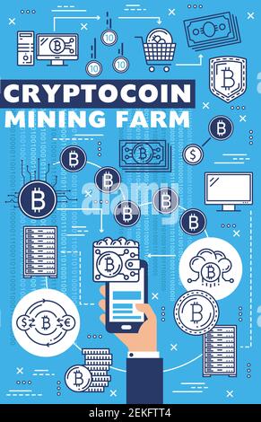 Azienda mineraria Bitcoin, tecnologia di rete blockchain a criptovaluta. Vector thin line crypto currency ico, server di estrazione monete crypto computer, moneta bit Illustrazione Vettoriale