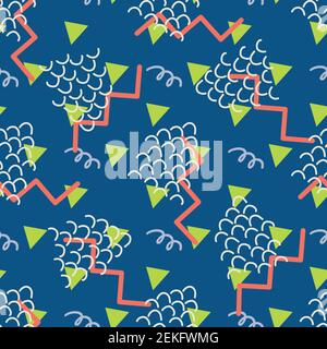 Forme geometriche di stile Memphis vettoriale astratto sfondo di pattern senza giunture. Blocchi d'onda colorati, triangoli, zig-zag e linee ondulate su blu marino Illustrazione Vettoriale