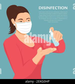 Donna che disinfetta le mani indossando una maschera Flat Vector illustrazione. Usare spray antisettico per pulire le mani e prevenire i germi. Applicazione di alcool Illustrazione Vettoriale