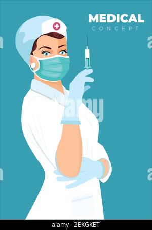 Medico femminile che contiene una siringa con un'illustrazione del vettore di iniezione. Prevenzione della malattia da virus. Infermiere che effettua la vaccinazione COVID-19. Illustrazione Vettoriale