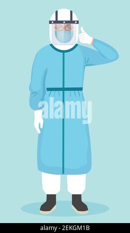 Medico indossando tuta protettiva e mostrando pollici su Vector Illustration. Medico con scudo facciale e tuta protettiva per il corpo intero per combattere il coronavirus Illustrazione Vettoriale