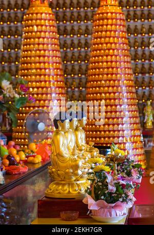 Hong Kong, Cina. Mostra di Buddha al monastero di diecimila Buddha a Pai Tau Tsuen, Sha Tin, nei nuovi territori. Foto Stock