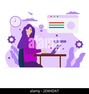 Illustrazione del disegno vettoriale di una donna che lavora su un computer portatile Illustrazione Vettoriale