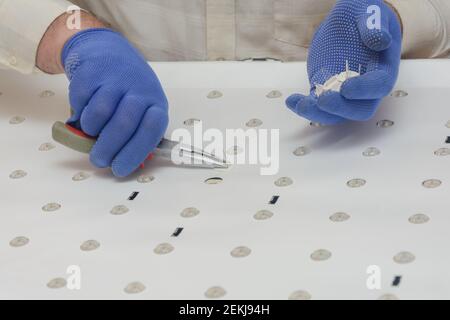 Riparazione della TV LCD. Master rimuove i dispositivi di fissaggio dal foglio riflettente. Eliminazione dei malfunzionamenti della retroilluminazione LED nel monitor. Foto Stock