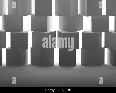 Installazione a parete a cubetti bianchi astratti con retroilluminazione. illustrazione del rendering 3d Foto Stock