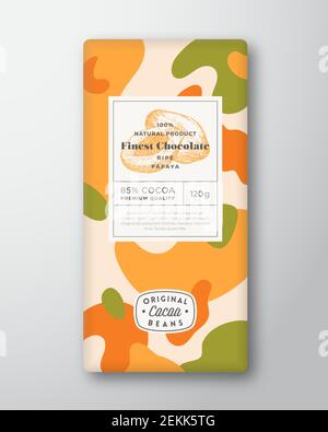 Etichetta di cioccolato papaya. Forme astratte Packaging vettoriale Design Layout con ombre realistiche. Tipografia moderna, Silhouette di frutta disegnata a mano e. Illustrazione Vettoriale