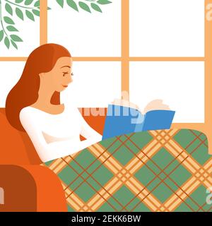 Bella ragazza legge un libro a casa sul divano. Siede vicino alla finestra. Coperta con una coperta. Immagine piatta vettoriale. Illustrazione Vettoriale