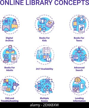 Set di icone oncept della libreria online Illustrazione Vettoriale
