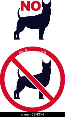 Nessun segno cani. Icone PET vietate con set di vettori per silhouette di cani. Cerchio rosso incrociato con restrizioni per animali domestici. Avviso di immissione Illustrazione Vettoriale
