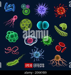 Virus, germi e batteri, tipi di microrganismi, effetto incandescente. Malattie vettoriali o malattie cellule microscopiche e infezioni, microbi e anticorpi. Illustrazione Vettoriale